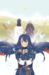  armor blue_eyes blue_hair blush cape chrom_(fire_emblem) commentary english_commentary falchion_(fire_emblem) father_and_daughter female fire_emblem fire_emblem_awakening gloves hood jewelry jors long_hair lucina_(fire_emblem) robe robin_(fire_emblem) robin_(male)_(fire_emblem) short_hair smile solo sword tiara weapon white_hair 