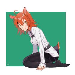  animal_ears belt black_pantyhose black_skirt brown_eyes brown_hair chaldea_uniform commentary_request fake_animal_ears fake_tail fate/grand_order fate_(series) female fujimaru_ritsuka_(female) full_body green_background hair_between_eyes jacket kneeling leaning_forward long_sleeves looking_at_viewer miniskirt pantyhose pleated_skirt sakamoto_bin short_hair side_ponytail skirt solo tail white_background white_jacket 