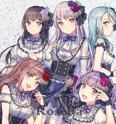  5girls :d aqua_hair bang_dream! black_hair blue_flower blue_neckwear blue_rose blush bow bowtie brown_eyes brown_hair commentary_request corset detached_sleeves earrings floral_background flower frills frown green_eyes grey_hair group_name hair_flower hair_ornament half-closed_eyes hand_on_own_chest hikawa_sayo imai_lisa jewelry long_hair long_sleeves looking_at_viewer minato_yukina multiple_girls neck_ribbon open_mouth pink_flower pink_rose purple_eyes purple_flower purple_hair purple_rose red_eyes red_flower red_rose ribbon rose rose_background roselia_(bang_dream!) shirokane_rinko short_sleeves skirt smile striped_bow striped_bowtie striped_clothes tiny_(tini3030) twintails udagawa_ako v_over_eye white_flower white_rose wristband yellow_eyes 