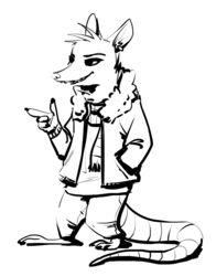  2018 ambiguous_gender american_opossum anthro barefoot biped black_and_white clothed clothing ear_piercing ear_ring feet finger_gun fuel_(artist) gesture half-closed_eyes hand_gesture hand_in_pocket head_tuft jacket mammal marsupial monochrome narrowed_eyes open_clothing open_jacket open_topwear piercing pockets ring_piercing scarf simple_background smile solo standing topwear tuft white_background zelda_(fuel) 