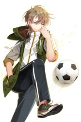  1boy bad_link black_pants blue_eyes brown_hair earrings frown hand_in_pocket hand_up hood image_sample jacket jewelry male_focus naver_sample official_art pants shoes sneakers soccer soccer_spirits sung_woo_jin track_pants transparent_background tuuuh 