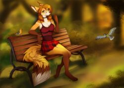  2017 autumn_(praexon) avian bench bird bottomwear breasts canid canine clothed clothing detailed_background female fluffy fluffy_tail fox freckles furgonomics green_eyes group long_ears lycangel mammal miniskirt outside park park_bench sitting skirt smile solo_focus tail tail_through_skirt wide_hips 