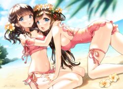  2girls :o all_fours ancotaku artist_name ass bare_arms bare_shoulders beach bikini blue_eyes blue_sky blurry blurry_foreground borrowed_character breasts brown_hair cleavage cloud cloudy_sky collarbone commentary_request crossover day depth_of_field dutch_angle flower hair_flower hair_ornament head_wreath horizon large_breasts leaf long_hair looking_at_viewer mole mole_under_eye multiple_girls navel ocean oerba_yun_fang one-piece_swimsuit open_mouth original outdoors parted_lips pink_bikini pink_one-piece_swimsuit polka_dot polka_dot_bikini polka_dot_swimsuit sand shadow side-tie_bikini_bottom sidelocks signature sitting skindentation sky stomach sunlight swimsuit thigh_strap thighs water wavy_hair x_hair_ornament yellow_flower 