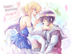  1boy :d backless_outfit black_hair blonde_hair blue_shirt bug butterfly character_name commentary_request detached_sleeves dress eye_contact female from_side gundam gundam_seed gundam_seed_destiny happy_birthday indian_style jewelry long_sleeves looking_at_another necklace open_mouth pants photoshop_(medium) profile red_eyes shinn_asuka shirt short_hair sitting skirt sleeveless sleeveless_shirt smile standing stellar_loussier white_shirt white_skirt white_sleeves yuuka_seisen 