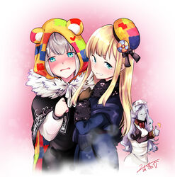  3girls ^^^ animal_ears animal_hood beret black_bow black_capelet black_dress blonde_hair blue_coat blush bow brown_gloves cape capelet closed_eyes closed_mouth coat collared_dress commentary_request dress fake_animal_ears fate/grand_order fate_(series) fringe_trim gloves golem gray_(fate) green_eyes grey_hair grey_skirt grin hair_between_eyes hairbow hat head_tilt highres hood hood_up juliet_sleeves long_hair long_sleeves lord_el-melloi_ii_case_files maid_headdress multiple_girls nikki_kyousuke parted_lips puffy_sleeves red_bow reines_el-melloi_archisorte signature skirt smile sweat thumbs_up tilted_headwear trimmau_(fate) very_long_hair 