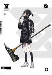  :d backpack bag black_hair black_jacket black_socks commentary_request female full_body grey_background hammer high_collar highres holding holding_hammer jacket kneehighs long_sleeves mechanical_hands oerba_yun_fang open_mouth original ponytail sanshouuo shoes short_ponytail sideways_mouth smile socks solo standing two-tone_background white_background white_footwear 