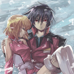  1boy black_hair blonde_hair boots bruise carrying closed_eyes clothing_cutout commentary_request crying crying_with_eyes_open female frown gundam gundam_seed gundam_seed_destiny injury jacket looking_at_viewer military military_jacket military_uniform photoshop_(medium) pink_jacket princess_carry red_eyes red_jacket shinn_asuka short_hair shoulder_cutout stellar_loussier tears thigh_boots thighhighs uniform white_footwear yuuka_seisen 