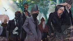  6+boys abyss_watcher alternate_costume beard belt black_belt commentary_request contemporary crown dark_souls_(series) dark_souls_iii facial_hair forest formal gargoyle gloves helmet highres hood hooded_jacket jacket long_hair looking_at_viewer lorian_(elder_prince) lothric_(younger_prince) male_focus mask mouth_mask multiple_boys nameless_king nature necktie outdoors pants peach_luo photoshop_(medium) pontiff_sulyvahn red_scarf scarf slave_knight_gael soul_of_cinder tree white_gloves white_hair yellow_eyes 