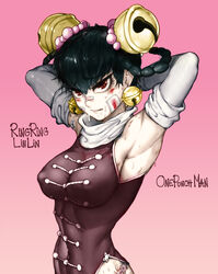  armpits arms_behind_head arms_up bell_earrings black_hair blood braid breasts covered_navel earrings female highres hip_focus jewelry large_breasts lin_lin_(one-punch_man) medium_breasts monochrome one-punch_man pelvic_curtain plaster scarf sideboob solo sweat the_golden_smurf twin_braids twintails 