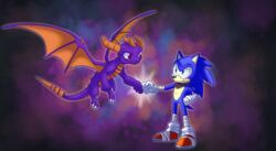  2018 activision anthro arm_wraps artsyazulj collaboration dragon duo eulipotyphlan feral fist_bump gesture hedgehog kelskora leg_wraps male mammal mythological_creature mythological_scalie mythology scalie scarf sega skylanders_academy sonic_boom sonic_the_hedgehog sonic_the_hedgehog_(series) spyro spyro_the_dragon tail wings wraps 