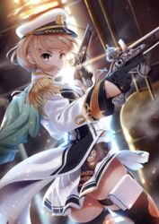  :d aiba_yumi antique_firearm ass black_gloves black_thighhighs blonde_hair blurry blurry_background breasts casino_(casinoep) commentary_request depth_of_field dutch_angle earrings epaulettes female firelock flintlock gloves gun half_gloves hat highres holding holding_gun holding_weapon idolmaster idolmaster_cinderella_girls idolmaster_cinderella_girls_starlight_stage jacket jewelry long_sleeves looking_at_viewer military_hat military_jacket open_mouth peaked_cap pleated_skirt red_eyes seizon_honnou_valkyria_(idolmaster) skirt small_breasts smile solo thighhighs torn_clothes torn_thighhighs trigger_discipline weapon white_hat white_jacket white_skirt 