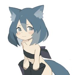  animal_ear_fluff animal_ears bandeau bare_shoulders black_bandeau black_gloves blue_hair blush_stickers bottomless cat_ears closed_mouth collarbone commentary_request elbow_gloves female gloves grey_eyes hair_between_eyes long_hair looking_at_viewer original pappii_(paprika_shikiso) paprika_shikiso simple_background solo tail white_background 