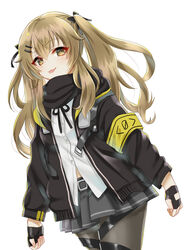  :p armband bad_id bad_pixiv_id black_gloves black_jacket black_pantyhose black_ribbon black_scarf brown_eyes brown_hair closed_mouth commentary_request cowboy_shot female fingerless_gloves girls&#039;_frontline gloves grey_skirt hair_ornament hair_ribbon hairclip hood hooded_jacket jacket korean_commentary kumasawa_(dkdkr) leaning_forward long_hair long_sleeves looking_at_viewer miniskirt neck_ribbon open_clothes open_jacket pantyhose partial_commentary pleated_skirt print_skirt ribbon scar scar_across_eye scar_on_face scarf simple_background single_horizontal_stripe skirt smile solo standing thigh_strap tongue tongue_out twintails ump9_(girls&#039;_frontline) white_background yellow_armband 