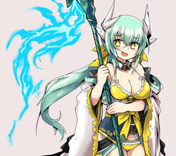  :d aqua_hair bare_shoulders bikini bow breasts cleavage commentary_request cowboy_shot dragon_girl dragon_horns fate/grand_order fate_(series) female furrowed_brow hair_between_eyes hairbow holding holding_polearm holding_weapon horns japanese_clothes kiyohime_(fate) kiyohime_(swimsuit_lancer)_(fate) kiyohime_(swimsuit_lancer)_(first_ascension)_(fate) legs_together long_hair medium_breasts multiple_hair_bows n36hoko naginata off_shoulder open_mouth polearm smile solo swimsuit twintails weapon white_horns wide_sleeves yellow_bikini yellow_bow yellow_eyes 