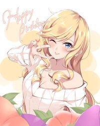  bare_shoulders blue_eyes blush breasts collarbone commentary_request female food fruit happy_birthday heart idolmaster idolmaster_cinderella_girls jiino large_breasts long_hair long_sleeves looking_at_viewer off_shoulder ohtsuki_yui one_eye_closed peach sleeves_past_wrists smile solo sweater tongue tongue_out w wavy_hair white_sweater 