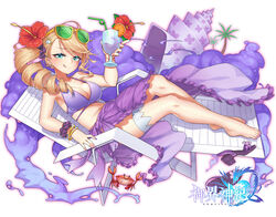  barefoot blonde_hair blush bracelet breasts chair character_request cleavage closed_mouth complex_saga copyright_name crab cup drill_hair drinking_glass eyebrows_visible_through_hair eyewear_on_head female flower green_eyes hair_flower hair_ornament holding holding_cup jewelry large_breasts looking_at_viewer nail_polish navel neko7 purple_nails sandals_removed short_hair side_drill sitting smile solo sunglasses toenail_polish tongue tongue_out 