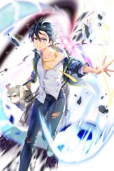  1boy bad_link ball black_hair blue_eyes canine choi_(soccer_spirits) clenched_hand dirty dirty_face hair_between_eyes image_sample jacket male_focus naver_sample neck_ribbon off_shoulder pants ribbon shoes sneakers soccer_ball soccer_spirits solo standing torn_clothes transparent_background tuuuh yellow_ribbon 