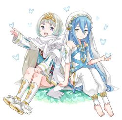  2girls aged_down anklet azura_(fire_emblem) azura_(young)_(fire_emblem) barefoot blue_hair blush bug butterfly cape closed_mouth commentary_request dress elbow_gloves fire_emblem fire_emblem_fates fire_emblem_heroes gloves gradient_hair hair_between_eyes hair_ornament jewelry long_sleeves menoko multicolored_hair multiple_girls open_mouth protected_link purple_eyes short_hair simple_background smile thighhighs tiara veil white_hair yellow_eyes ylgr_(fire_emblem) 