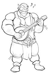  2:3 clothed clothing full-length_portrait fully_clothed hi_res humanoid lute maldu male monochrome musical_instrument not_furry orc playing_music plucked_string_instrument portrait simple_background solo string_instrument white_background 