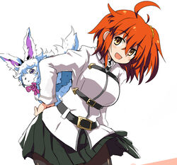  :d ahoge belt belt_buckle black_belt black_pantyhose black_skirt breasts buckle chaldea_uniform collared_shirt commentary_request creature crossed_bangs fate/grand_order fate_(series) female fou_(fate) fujimaru_ritsuka_(female) hair_between_eyes hair_ornament hair_scrunchie hand_on_own_hip large_breasts long_sleeves looking_at_viewer lowres medium_hair miniskirt multiple_belts n36hoko open_mouth orange_hair orange_scrunchie pantyhose pleated_skirt scrunchie shirt side_ponytail skirt smile white_shirt yellow_eyes 