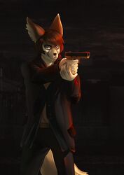  2019 5_fingers absurd_res anthro brown_hair brown_nose canid canine clothed clothing digital_media_(artwork) fingers fox gun hair hi_res holding_gun holding_object holding_ranged_weapon holding_weapon male mammal poofroom ranged_weapon solo standing weapon 