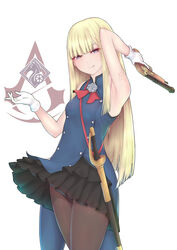  :q arm_up armpits assassin&#039;s_creed_(series) black_pantyhose black_skirt blonde_hair blue_eyes blunt_bangs blush chinese_commentary closed_mouth commentary_request earrings fate/grand_order fate_(series) female gloves gun holding holding_gun holding_weapon jewelry layered_skirt long_hair looking_at_viewer lord_el-melloi_ii_case_files nikuku_(kazedesune) panties panties_under_pantyhose pantyhose pantyshot reines_el-melloi_archisorte sheath sheathed shoulder_tattoo skirt sleeveless smile solo standing straight_hair stud_earrings sword tattoo tongue tongue_out trigger_discipline underwear upskirt weapon white_gloves 