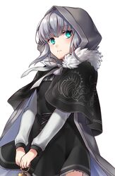  bangs black_capelet black_dress blush cape capelet closed_mouth commentary_request dress eyebrows_visible_through_hair fate_(series) female fur-trimmed_capelet fur_trim gray_(lord_el-melloi_ii) green_eyes grey_cape hair_between_eyes holding hood hood_up hooded_cape long_hair long_sleeves lord_el-melloi_ii_case_files own_hands_together shiao silver_hair simple_background solo white_background 