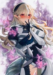  armor aura blue_cape blush cape commentary_request corrin_(female)_(fire_emblem) corrin_(fire_emblem) female fire_emblem fire_emblem_fates fire_emblem_heroes gloves grey_hair hair_between_eyes hair_ornament hairband long_hair looking_at_viewer nekolook pointy_ears red_eyes simple_background solo spoilers white_hair 