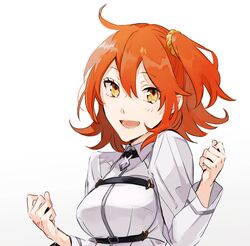  :d ahoge chaldea_uniform clenched_hands commentary_request fate/grand_order fate_(series) female fujimaru_ritsuka_(female) hair_between_eyes hair_ornament hair_scrunchie jacket long_sleeves looking_at_viewer one_side_up open_mouth orange_hair sakamoto_bin scrunchie short_hair simple_background smile solo upper_body white_background white_jacket yellow_eyes yellow_scrunchie 