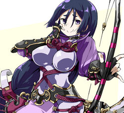  armor black_gloves blue_hair bodysuit bow_(weapon) breasts closed_mouth commentary_request covered_navel dark_blue_hair fate/grand_order fate_(series) female furrowed_brow gloves hair_between_eyes hand_on_own_face hand_up holding holding_bow_(weapon) holding_weapon japanese_armor kote loincloth long_hair looking_at_viewer low-tied_long_hair medium_breasts minamoto_no_raikou_(fate) n36hoko pelvic_curtain purple_bodysuit purple_eyes smile solo very_long_hair weapon 