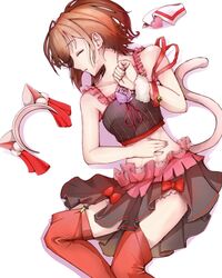  animal_ears boots bracelet brown_hair cat_ears closed_eyes collarbone commentary_request fake_animal_ears female flower garter_straps grey_skirt hairband hand_on_own_stomach idolmaster idolmaster_cinderella_girls jewelry kinpun_(fgxdw447) lying maekawa_miku midriff miniskirt neck_ribbon on_back over_the_collar_(idolmaster) parted_lips pleated_skirt purple_flower purple_rose red_footwear red_ribbon ribbon rose short_hair simple_background skirt sleeping sleeveless solo stomach thigh_boots thighhighs unworn_hairband white_background wrist_cuffs 