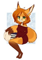  anthro autumn_(praexon) book breasts canid canine chibi clothing dress female fox freckles green_eyes hair hi_res long_ears looking_at_viewer mammal red_fox red_hair solo taykoe true_fox vulap 