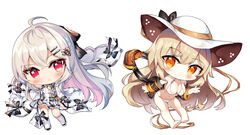  2girls bare_legs bare_shoulders barefoot bikini black_bow black_gloves black_jacket blush boots bow breasts chibi cleavage closed_mouth collarbone commentary_request dress girls&#039;_frontline gloves hair_between_eyes hair_ornament hairbow hairclip hat iws_2000_(girls&#039;_frontline) jacket knee_boots large_breasts light_brown_hair long_hair long_sleeves m37_(girls&#039;_frontline) m37_(summer_parader)_(girls&#039;_frontline) multiple_girls narae off_shoulder official_alternate_costume open_clothes open_jacket orange_eyes photoshop_(medium) pleated_dress red_eyes simple_background sleeves_past_wrists smile sun_hat swimsuit very_long_hair white_background white_bikini white_dress white_footwear white_hair white_headwear white_jacket 