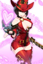  bare_shoulders beamed_eighth_notes black_gloves black_hair boots breasts cleavage comiccho eighth_note female fingerless_gloves gloves guilty_gear guitar hat heart highres i-no instrument large_breasts lipstick looking_at_viewer makeup mole mole_above_mouth musical_note o-ring one_eye_closed quarter_note red_eyes red_footwear red_hat short_hair soccer_spirits solo standing thigh_boots transparent_background witch_hat zettai_ryouiki 