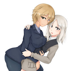  2girls blonde_hair blush brave_witches breasts brown_eyes closed_mouth commentary_request edytha_rossmann eyebrows highres hug isosceles_triangle_(xyzxyzxyz) large_breasts looking_at_viewer looking_to_the_side military military_uniform multiple_girls open_mouth pantyhose shiny_skin short_hair simple_background small_breasts smile uniform waltrud_krupinski white_background white_hair world_witches_series yuri 