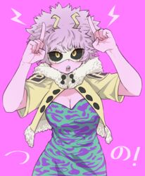  ! absurdres ashido_mina bad_id bad_pixiv_id black_sclera boku_no_hero_academia breasts cleavage colored_sclera colored_skin commentary dress eye_mask female green_dress highres horns horns_pose jacket jipponwazaari large_breasts mask pink_background pink_hair pink_skin pointing pointing_up purple_dress short_hair short_sleeves simple_background solo teeth translated upper_body yellow_eyes yellow_jacket 