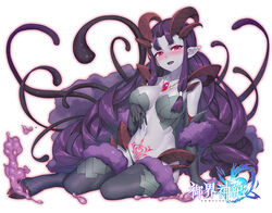  anthro breast_hold complex_saga elbow_gloves gloves horns logo long_hair magic navel necklace neko7 pink_eyes pointed_ears purple_hair shub-niggurath tattoo tentacle thighhighs 