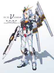  absurdres armored_boots beam_rifle boots char&#039;s_counterattack character_name commentary_request energy_gun eyes_visible_through_hair female fin_funnels full_body green_hair gundam highres humanization leotard looking_at_viewer mecha_musume neko7 nu_gundam photoshop_(medium) shadow simple_background solo standing thrusters weapon white_background white_hair 