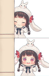  :d ^_^ animal animal_ears animal_hat animal_on_head bad_id bad_pixiv_id black_bow blush bow braid brown_hair chibi closed_eyes closed_mouth commentary dress facing_viewer fake_animal_ears female foreign_blue girls&#039;_frontline hairbow hat korean_commentary long_hair long_sleeves looking_at_viewer low_twintails m99_(girls&#039;_frontline) m99_(rabbit_squad)_(girls&#039;_frontline) official_alternate_costume on_head open_mouth peekaboo photoshop_(medium) puffy_long_sleeves puffy_sleeves rabbit rabbit_ears rabbit_hat rabbit_on_head red_eyes round_teeth sleeves_past_wrists smile teeth twin_braids twintails upper_teeth_only white_bow white_dress white_headwear 