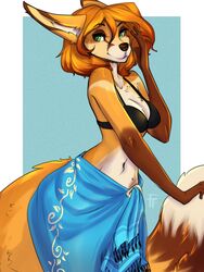  3:4 anthro autumn_(praexon) bikini canid canine clothing female firetally fox freckles green_eyes hair hi_res long_ears mammal red_hair sarong solo swimwear wide_hips 