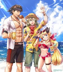  2boys abs alcohol alternate_costume animal_print beach beer beer_mug bikini blonde_hair breasts brown_hair commentary_request cup day dessert draph eating female fish_print food glasses granblue_fantasy grin hallessena hat hawaiian_shirt headband heian_jirou highres horns jewelry large_breasts male_swimwear meat mug multiple_boys muscular ocean outdoors pendant pointy_ears ryan_(granblue_fantasy) shirt smile straw_hat sunglasses swim_trunks swimsuit waving will_(granblue_fantasy) 