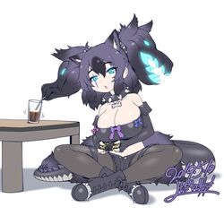  :o animal_ear_fluff animal_ears bare_shoulders belt_bra black_footwear black_gloves black_hair black_pantyhose black_shorts blue_eyes boots bow breasts cerberus_(kemono_friends) cola collar commentary crossed_legs cup cutoffs dated dog_ears drinking drinking_glass drinking_straw elbow_gloves extra_ears eyes_visible_through_hair female fingerless_gloves full_body gloves glowing glowing_eyes glowing_hair hair_between_eyes huge_breasts japari_symbol jewelry kemono_friends leaning_to_the_side midriff multitasking navel nintendo_switch open_fly pantyhose pantyhose_under_shorts pendant prehensile_hair scar scar_across_eye scar_on_face short_shorts shorts signature simple_background sitting solo spiked_collar spikes table tail thigh_strap twintails white_background yoshida_hideyuki 