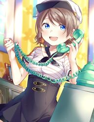  :d bad_id bad_twitter_id black_neckerchief black_skirt blue_eyes blush brown_hair commentary_request earrings female hat high-waist_skirt highres holding holding_phone jewelry love_live! love_live!_sunshine!! makura_(makura0128) neckerchief open_mouth phone picture_frame shirt short_hair short_sleeves skirt smile solo string_around_finger striped_clothes striped_shirt talking_on_phone watanabe_you yarn yarn_ball 