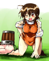  all_fours blush breasts brown_hair bucket colt_(monster_farm) commentary_request creature dress female furrowed_brow grass hair_between_eyes medium_breasts mocchi_(monster_farm) monster_farm n36hoko one_eye_closed open_mouth orange_dress red_eyes shoes short_dress short_hair single_shoe sleeves_rolled_up water wet wet_clothes 