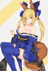  ahoge animal_ear_fluff animal_ears bare_shoulders blonde_hair blue_bow blue_kimono blue_sleeves blue_thighhighs blush bow breasts cleavage closed_mouth collarbone cosplay detached_sleeves fate/extra fate/grand_order fate_(series) female fox_ears fox_girl fox_shadow_puppet fox_tail green_eyes grey_background hair_between_eyes hair_intakes hairbow highres japanese_clothes kemonomimi_mode kimono large_breasts long_hair long_sleeves looking_at_viewer md5_mismatch nero_claudius_(fate) nero_claudius_(fate/extra) obi revision sash sidelocks silver_(chenwen) sitting sleeves_past_wrists solo strapless tail tamamo_(fate) tamamo_no_mae_(fate/extra) tamamo_no_mae_(fate/extra)_(cosplay) thighhighs twintails two-tone_background wide_sleeves yellow_background 