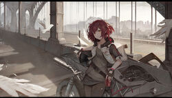  animal arknights bird black_gloves black_pantyhose blush bridge can commentary_request exusiai_(arknights) female fingerless_gloves gloves halo highres hood hooded_vest hoodie letterboxed looking_at_viewer md5_mismatch motor_vehicle motorcycle outdoors pantyhose photoshop_(medium) red_eyes red_hair resolution_mismatch skirt smile solo source_smaller toriumi_harumi vest 