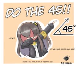  abineko armband artist_logo artist_name character_name commentary covered_face dab_(dance) english_text female geometry girls&#039;_frontline grey_hair hood hooded_jacket jacket meme name_connection one_side_up profanity shiny_clothes shiny_skin simple_background solo ump45_(girls&#039;_frontline) yellow_armband 