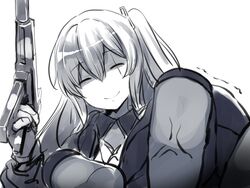  ^_^ anger_vein bangs closed_eyes closed_eyes closed_mouth eyebrows_visible_through_hair female fingerless_gloves girls_frontline gloves gun h&amp;k_ump45 hair_between_eyes hair_ornament holding holding_gun holding_weapon jacket lolicept long_hair monochrome one_side_up open_clothes pov reaching_out scar scar_across_eye shaded_face shirt simple_background smile trembling ump45_(girls_frontline) weapon 