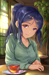  bad_id bad_pixiv_id blue_hair collared_shirt commentary_request cup dress_shirt female green_shirt high_ponytail indoors jewelry long_hair long_sleeves looking_at_viewer love_live! love_live!_sunshine!! matsuura_kanan necklace parted_lips photoshop_(medium) purple_eyes shirt sidelocks sitting smile solo sunlight tamamushi tea teacup upper_body wing_collar 