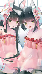  2girls animal_ear_fluff animal_ears azitama_atsushi_(attyuu) azur_lane bare_shoulders black_hair bra camisole collarbone commentary_request cosplay face-to-face fox_ears green_eyes highres long_hair looking_at_viewer mask mask_on_head multiple_girls mutsu_(azur_lane) nagato_(azur_lane) nagato_(azur_lane)_(cosplay) nagato_(great_fox&#039;s_respite)_(azur_lane) navel off_shoulder official_alternate_costume open_mouth panties photoshop_(medium) red_bra red_panties see-through short_hair sitting smile spread_legs thighhighs underwear very_long_hair white_thighhighs 